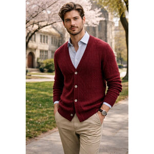 SNS Herning Cardigan Men M Wool Waffle Knit Old Money Minimalist Burgundy Red